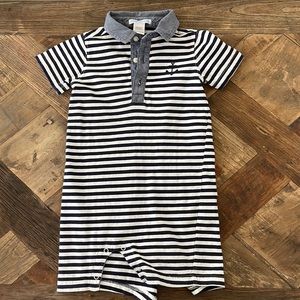 Nautical boys romper with chambray detail. Sooo cute on!!